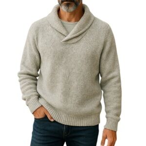 VINTAGE Men’s Hand Knit Grey 100% Wool Shawl Collar Sweater Coastal Size L